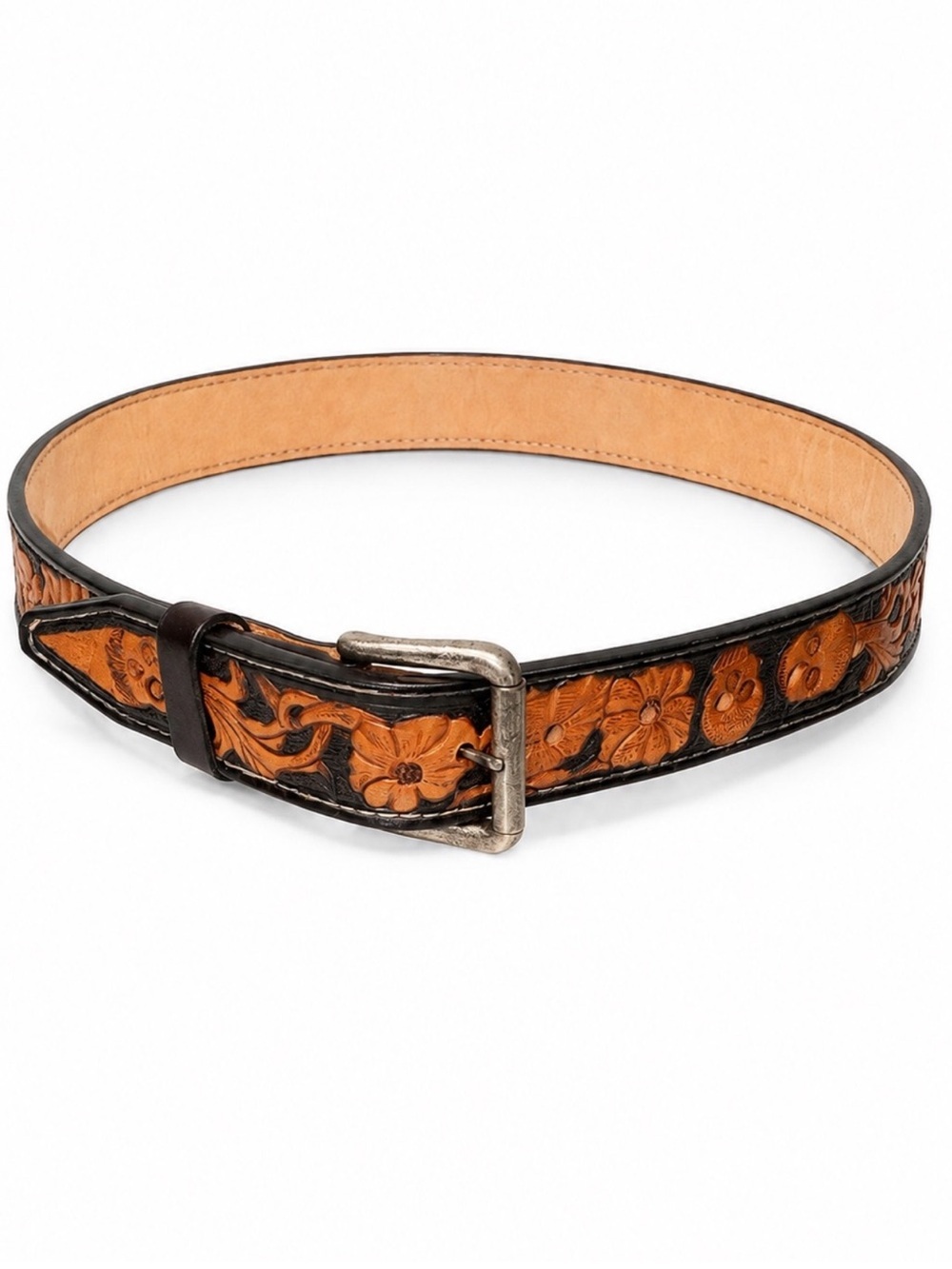 Tooled Leather Floral Belt - Black Tan handmade